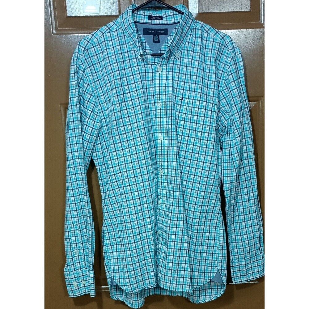Tommy Hilfiger Men’s Shirt L Blue Plaid Button-down Long Sleeve Shirt Lion Crest